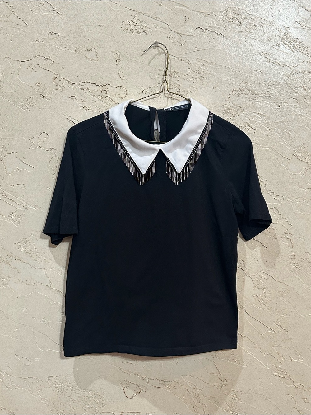 Zara Women’s Black Top with White Collar and Silver Fringe Size Small